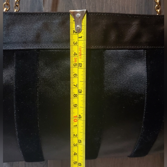 Vintage Italian Black Evening Bag Velvet Satin 80s Clutch Double Chain Gold - Picture 7 of 10